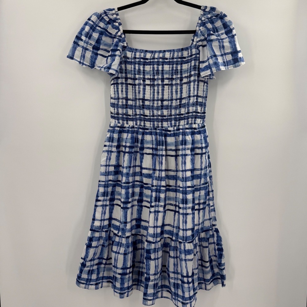 Gap Womens Medium Blue White Plaid Smocked Flutter Sleeve Midi Dress
